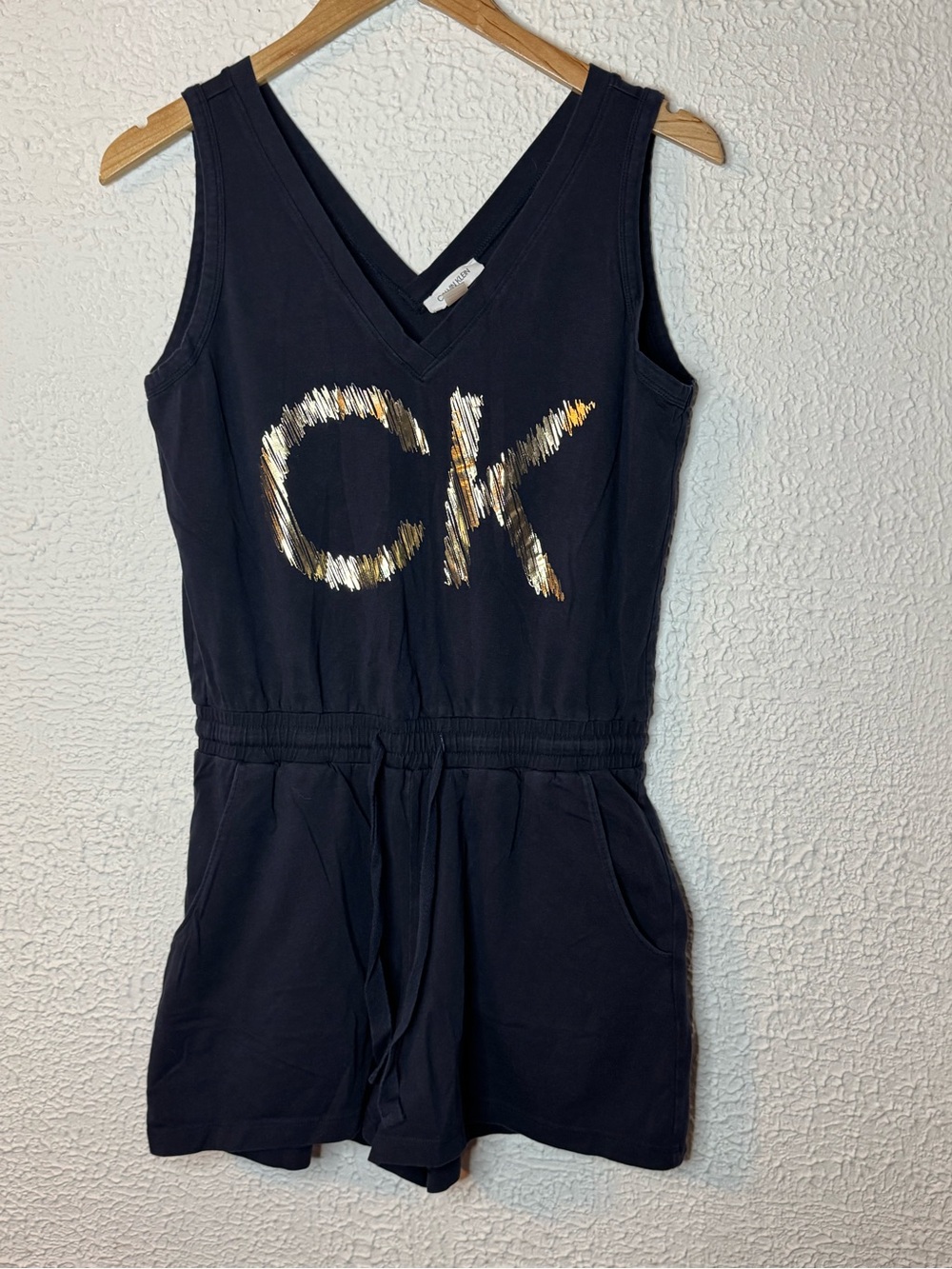 Calvin Klein Black Sleeveless Logo Romper with Metallic Accent